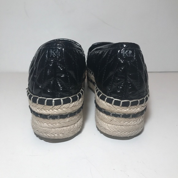Karl Lagerfeld Quilted Patent Leather Espadrille Wedge Slip Ons Black 8 READ - Picture 6 of 9